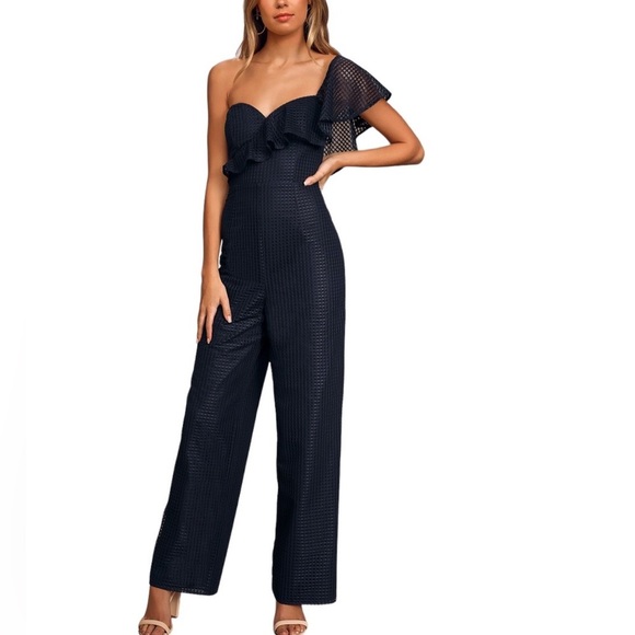 Lulus Pants - LULU’S NWT “Off The Charts” Mesh Grid One Shoulder Jumpsuit Size Medium in Navy
